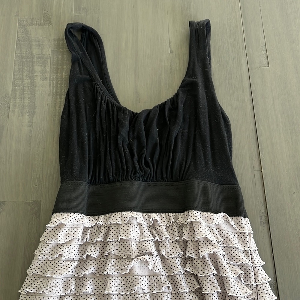 Party/dress? Date night? Short black dress with grey & black dots.